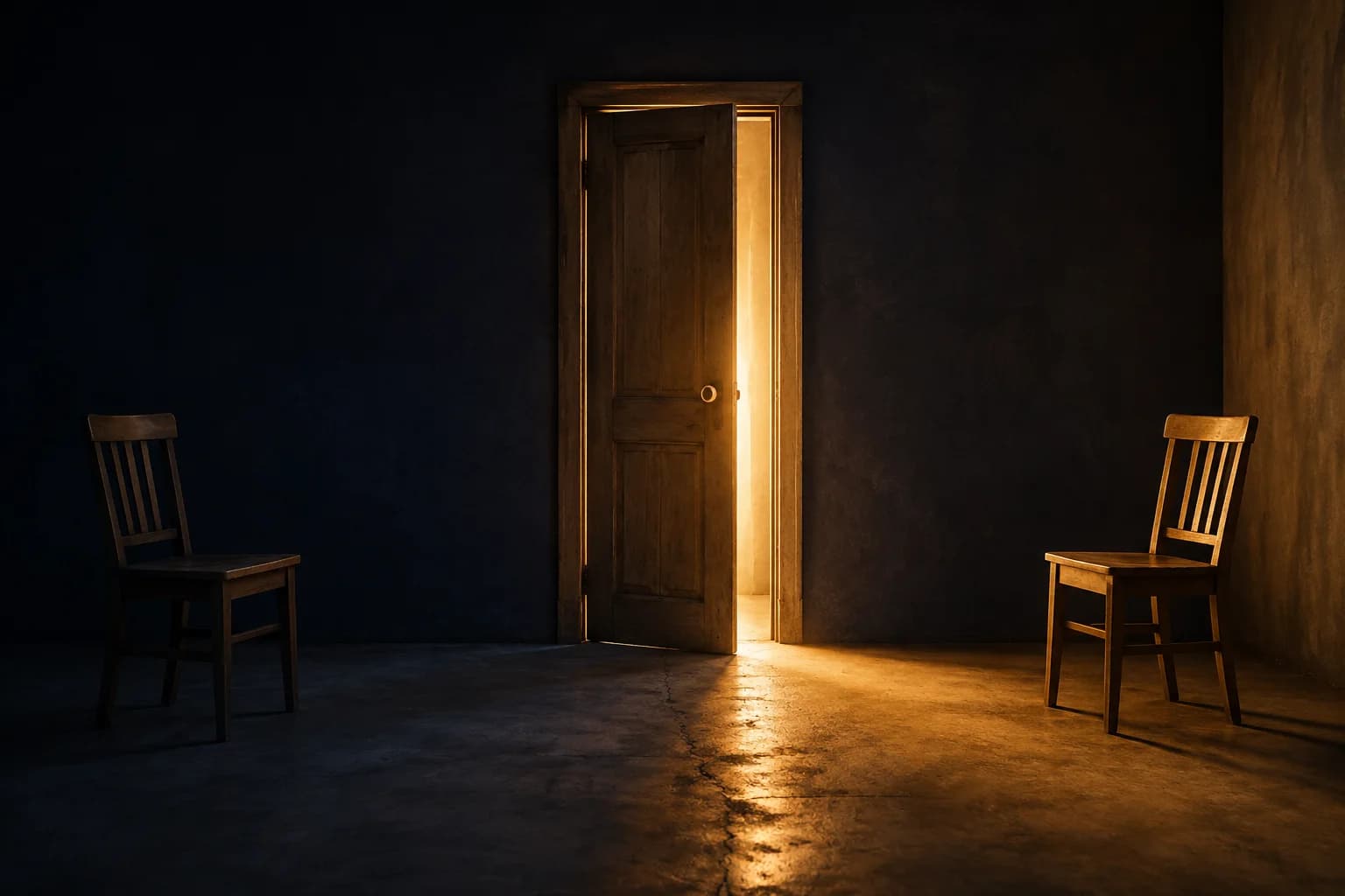 Una porta socchiusa con due sedie ai lati, una in ombra e una in luce